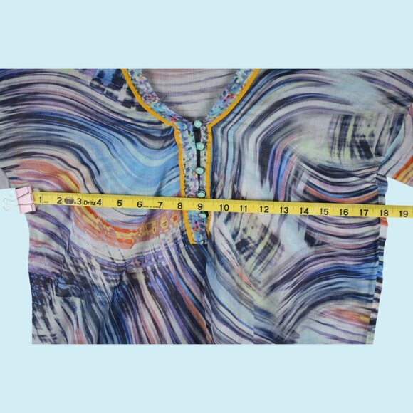 Eres Printed Mini Dress Women's Size Medium Blue Shift 3/4 Sleeve V-neck Tunic - Picture 6 of 10